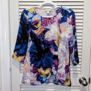 Dana Buchman Multi-color Top 3/4 Sleeve Bunching Bottom Front Floral Colorful Sm